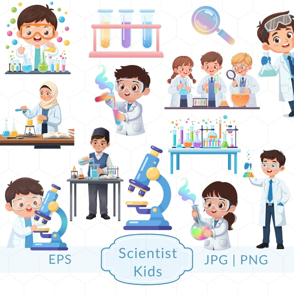 Kids Scientist Clipart Bundle, Science Experiment Illustrations, Educational Graphics, Fun Kids Lab Designs, Canva Editable Template A1389
