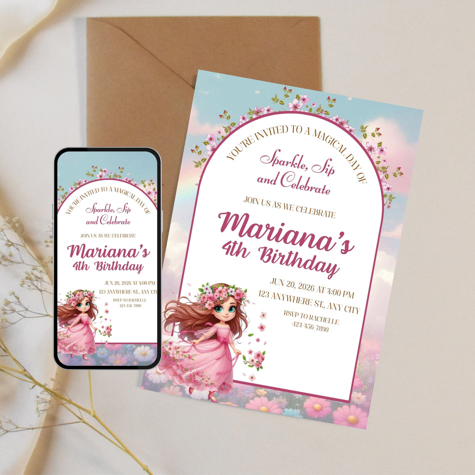 Magical Princess Birthday Invitation, Fairytale Theme Invite, Flower Crown Princess, Floral Party Invite, Birthday Party, Digital Invitation A 1194