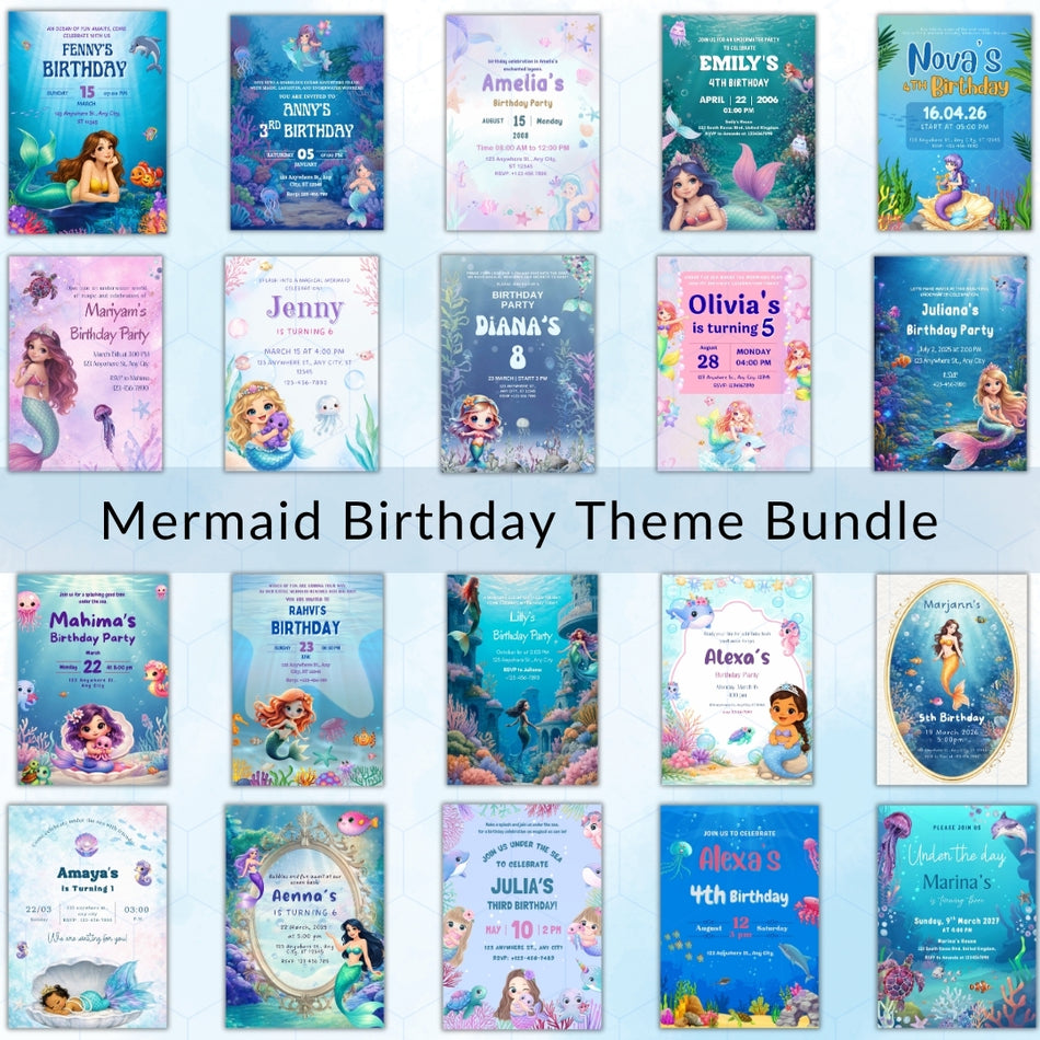 Mermaid Birthday Invitation Bundle, Under the Sea Party Templates Canva Editable, Girl Ocean Theme Birthday Invites Pack, Digital Download A 1439