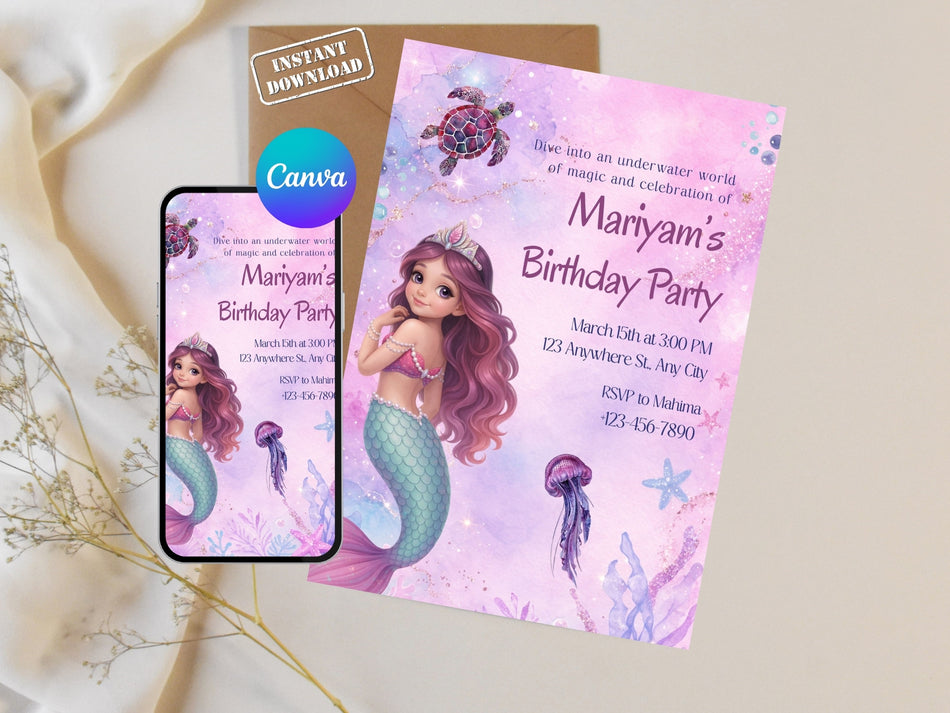 Mermaid Birthday Invitation Girl Pink, Under the Sea Party Invite, Ocean Birthday Invitation, Canva Editable Invitation, Instant Download A 1265