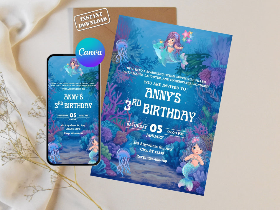 Mermaid Birthday Invitation Girl | Under the Sea Birthday Invite | Editable Canva Invitation | Ocean Theme Kids Party | Instant Download A 1260