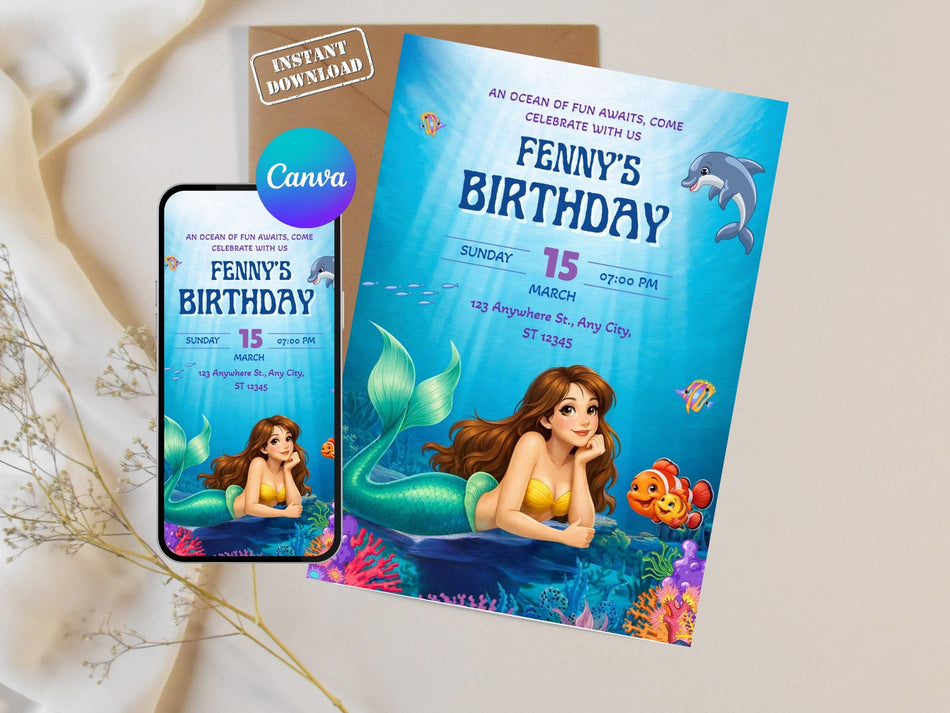 Mermaid Birthday Invitation Girl Under the Sea Party Invite Ocean Theme Birthday Invitation Canva Editable Invite Instant Download A 1261