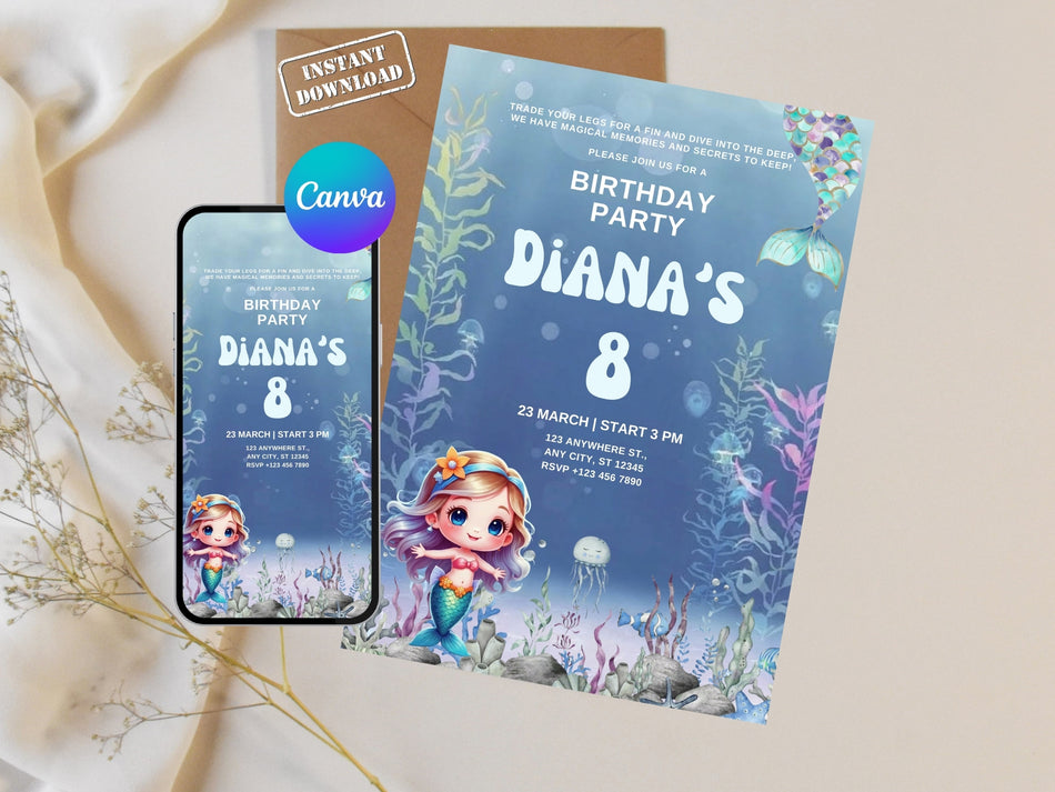 Mermaid Birthday Invitation Girl, Under the Sea Party Invite, Kids Birthday Invite, Canva Editable, Instant Download A 1267