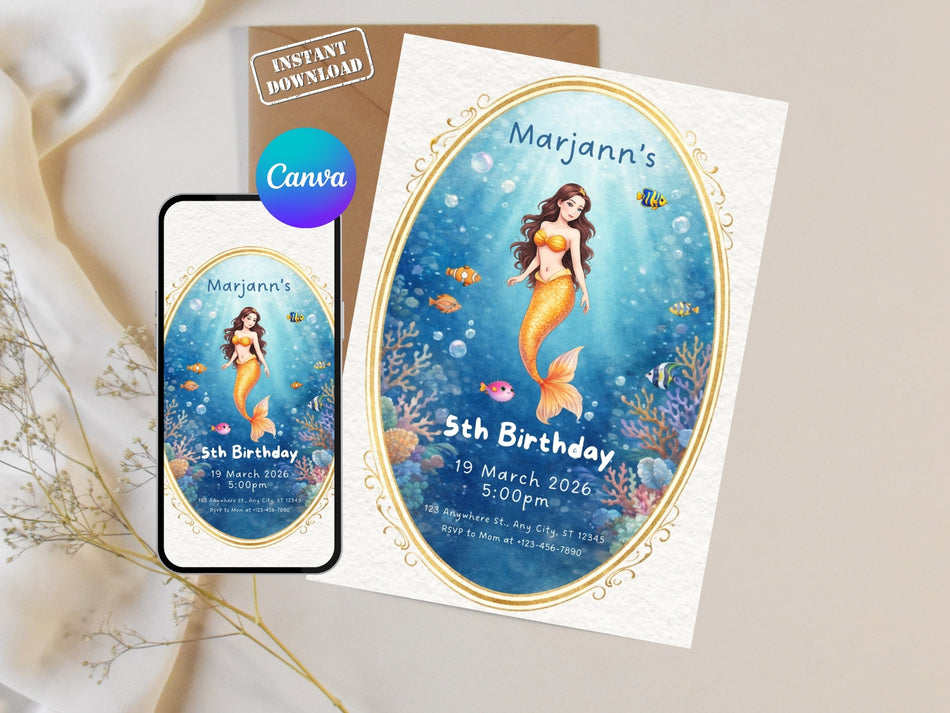 Mermaid 5th Birthday Invitation Template | Canva Editable A 1281