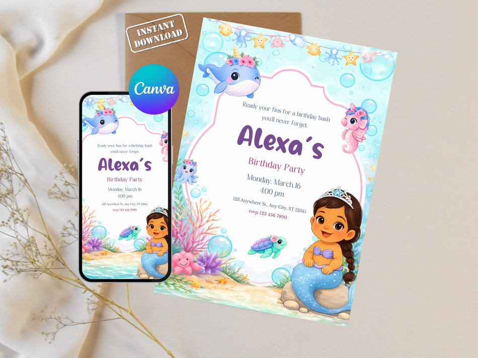 Girl's Mermaid Birthday Invitation - Instant Download A 1280