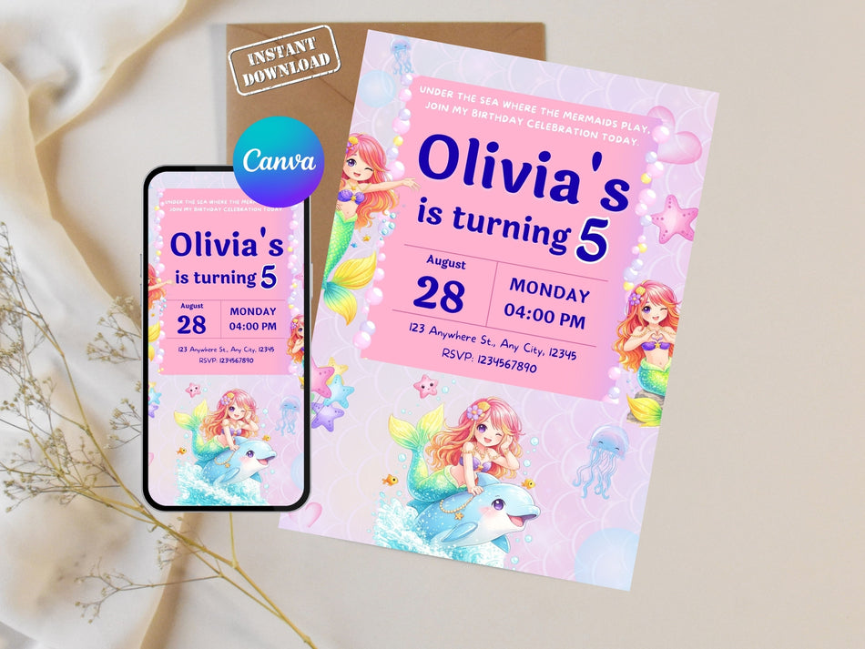 Mermaid Dolphin Party Invite, Pink Mermaid Birthday Invite, Girls Birthday Invitation, Ocean Theme Invite, Digital Download A 1270