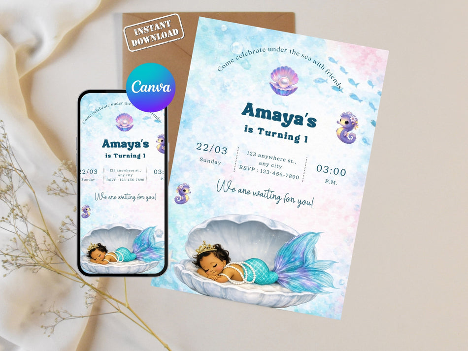 Editable Mermaid Theme Birthday Invitation Template A 1283