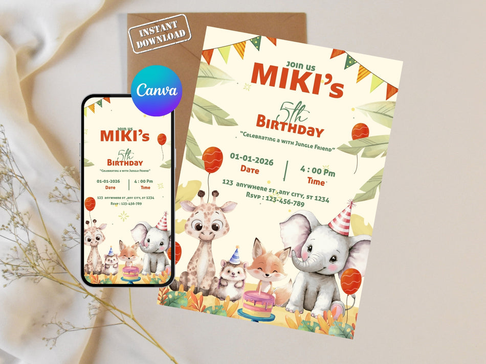 Jungle Safari Birthday Invitation Template, Animal Party Invite Canva Editable, Kids Zoo Theme Invite, Boy Girl Birthday Digital Download A 1249