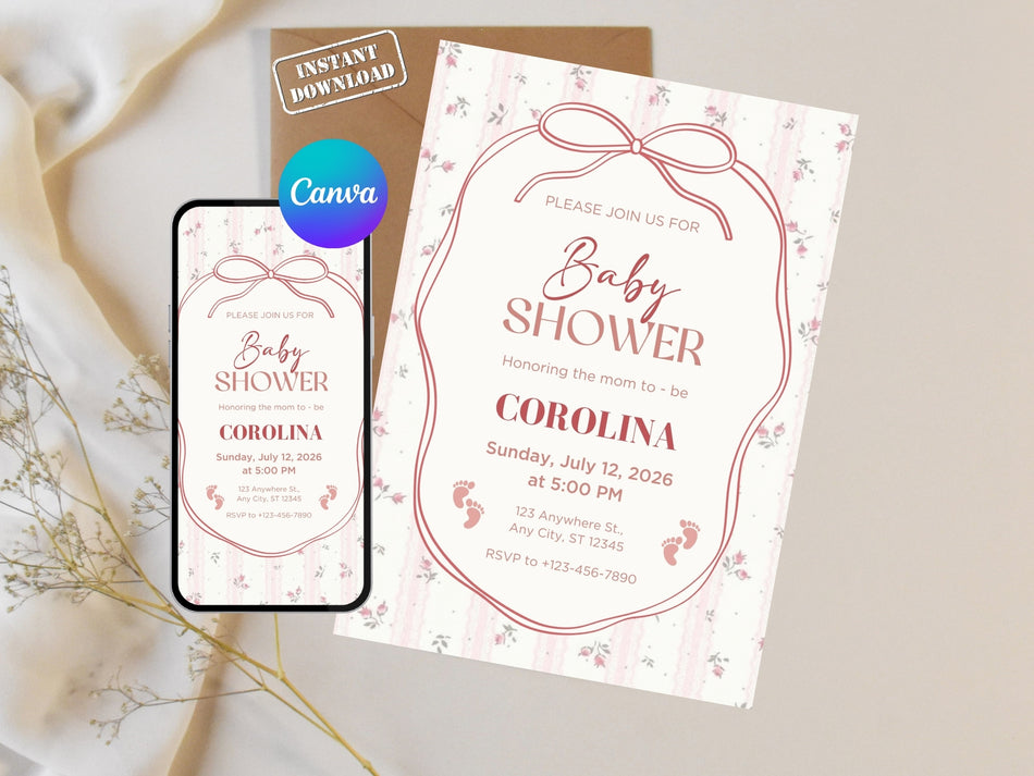 Minimal Baby Shower Invitation Template, Editable Canva Invite, Elegant Baby Shower Card, Printable Invite, Instant Download A 1430