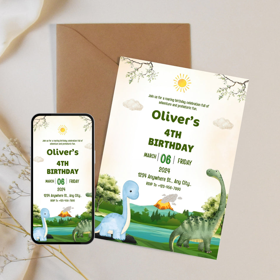 Minimal Dinosaur Birthday Invitation Template, Editable Dino Invite Canva, Kids Birthday Party Invite, Modern Dinosaur Invitation A1172