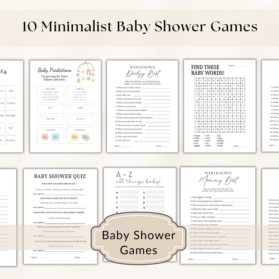 10 Minimalist Baby Shower Games – Printable PDF, Fun Activities, Baby Shower Party Games, Gender Reveal, Instant Download A 1099