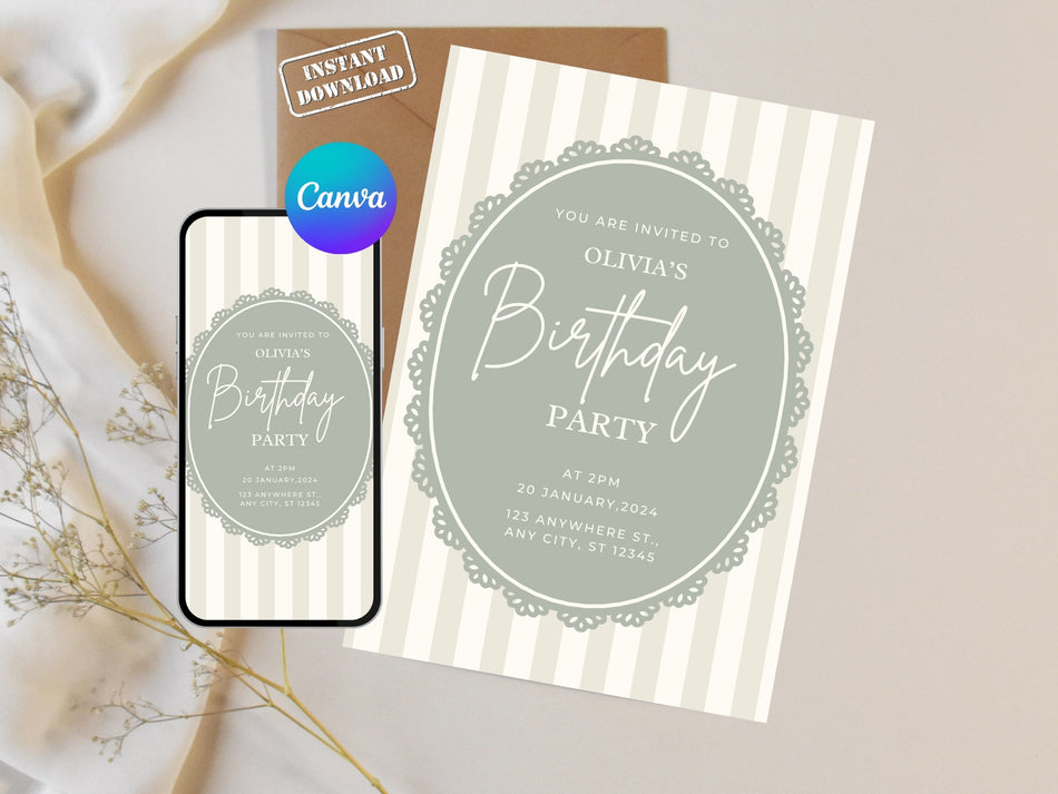 Minimalist Birthday Invitation | Modern Elegant Invite | Instant Download | Canva Birthday Invitation | Custom Party Invite A 1360