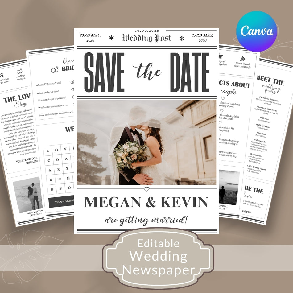 Wedding-themed newspaper design with 'Save the Date' text and couple photo, featuring Canva logo.