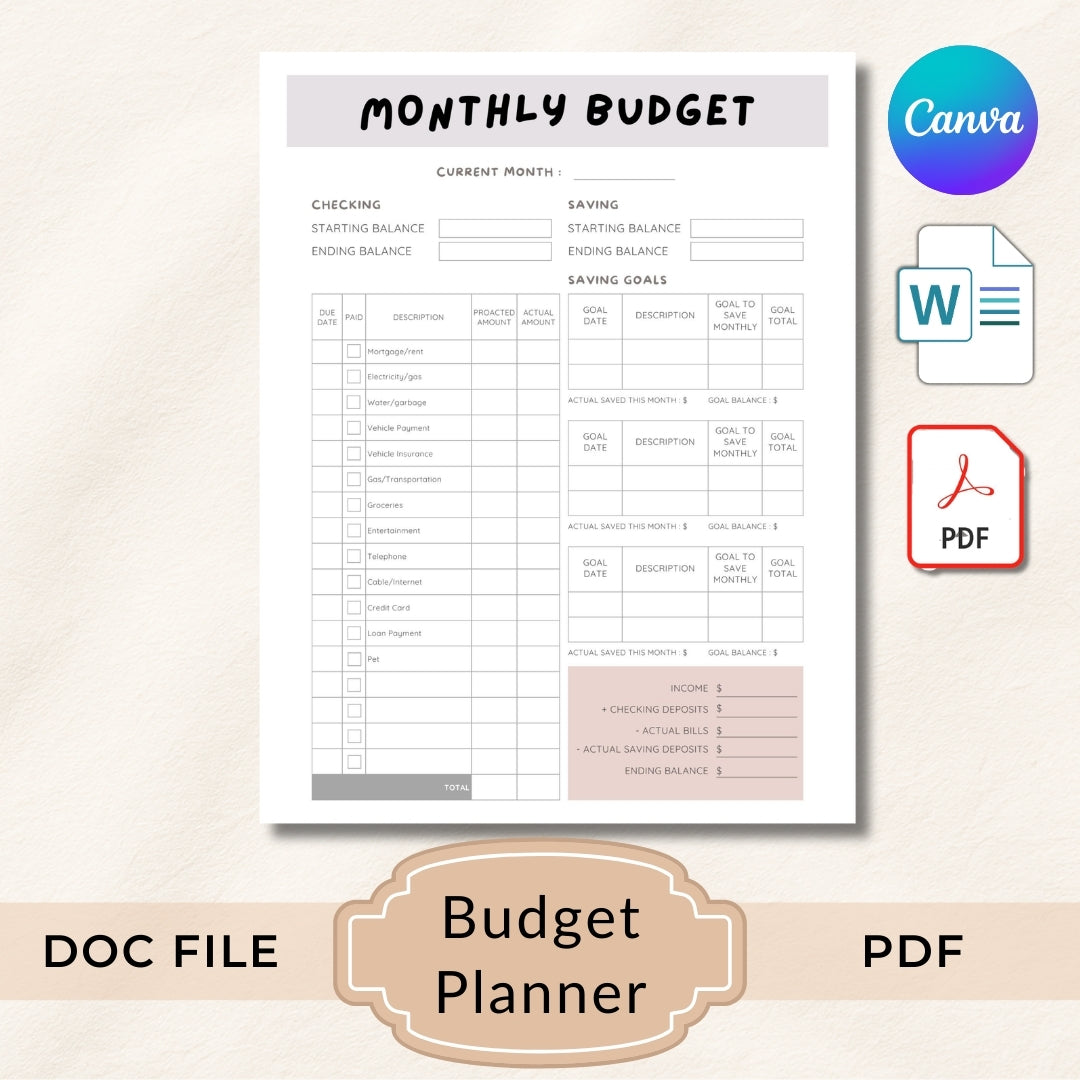 Monthly budget planner with Canva logo and file format icons on a light beige background
