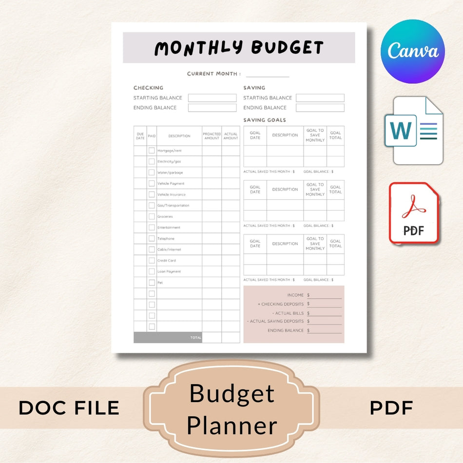 Monthly budget planner with Canva logo and file format icons on a light beige background