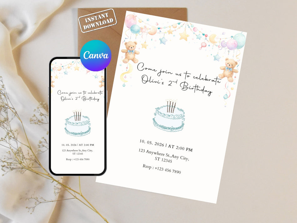Olivia’s 2nd Birthday Invitation, Kids Birthday Invite, Teddy Bear Theme Party, Baby Shower Invitation, Printable Card, Instant Download A 1378