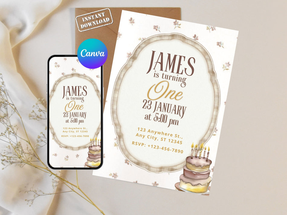 One Year Old Birthday Invitation, James' First Birthday, Editable Canva Template, Digital Invitation, Baby Birthday Invite, Instant Download A 1341