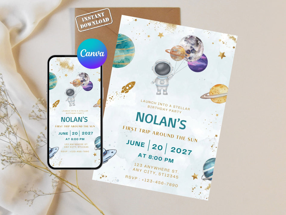 Outer Space Birthday Invitation, Space Theme Party Invitation, Astronaut Birthday Invite, Kid's Birthday Party, Editable Canva Template A 1216