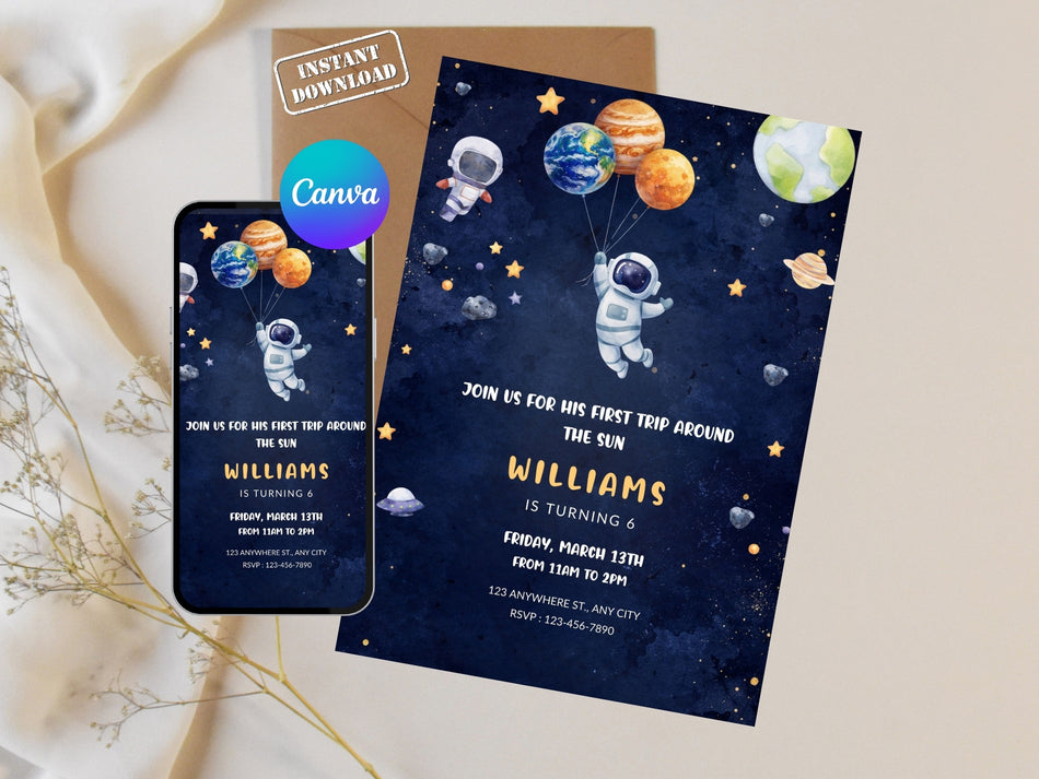 Outer Space Birthday Invitation, Space Theme Party Invitation, Astronaut Birthday Invite, Kid's Party Invitation, Editable Canva Template A 1218