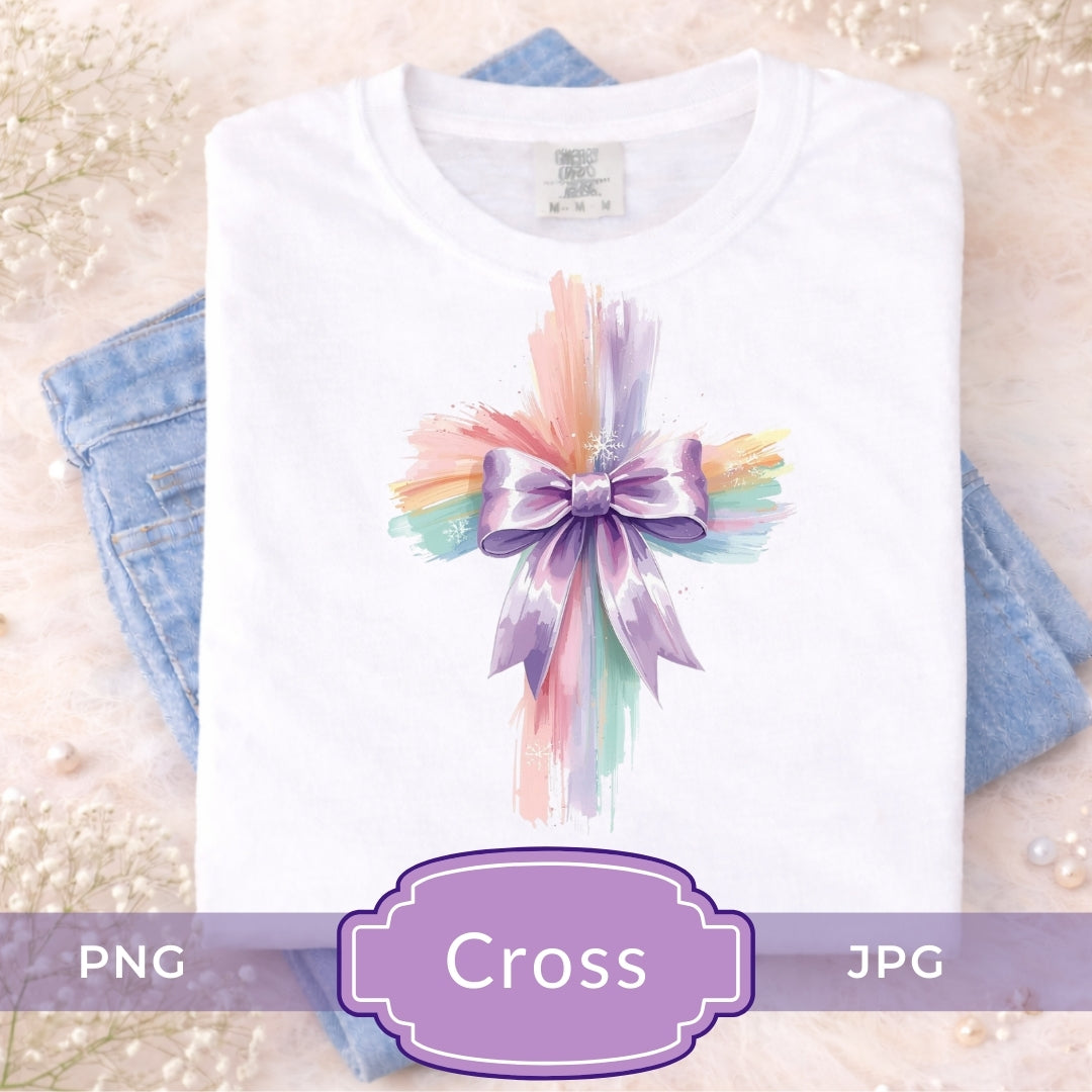 White t-shirt with a colorful cross design on a light background