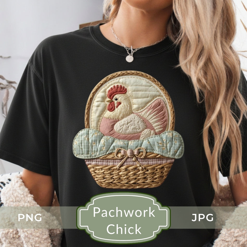 Patchwork Chick PNG JPG, Vintage Farmhouse Chicken Clipart, Quilted Hen Digital Download, Rustic Country Sublimation Design A 1067