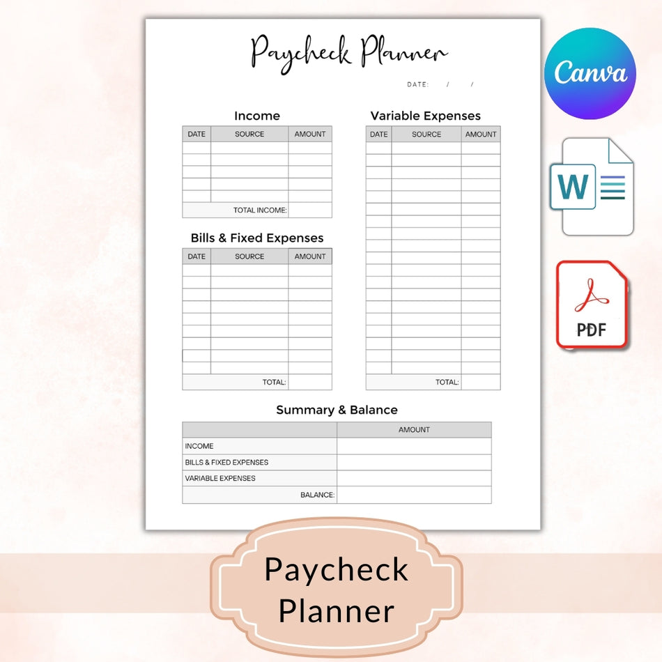 Paycheck Budget Planner Printable, Editable Paycheck Tracker Template, Income & Expense Worksheet, Monthly Budget Sheet PDF A 1075