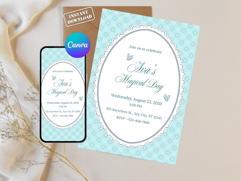 Personalized Magical Day Birthday Invitation, Digital Download for Instant Access, Editable Canva Template, Cute Butterfly Design A 1338