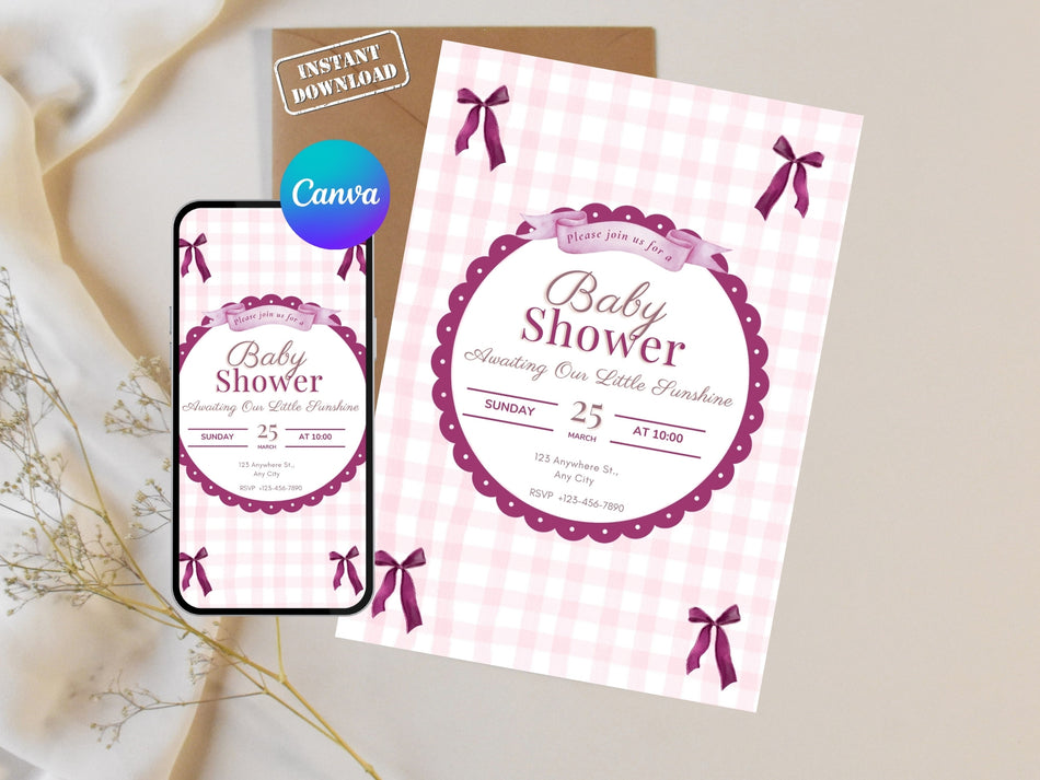 Pink Coquette Baby Shower Invitation Template, Gingham Bow Invite, Editable Canva Design, Girl Party Printable, Modern Celebration Card A 1426