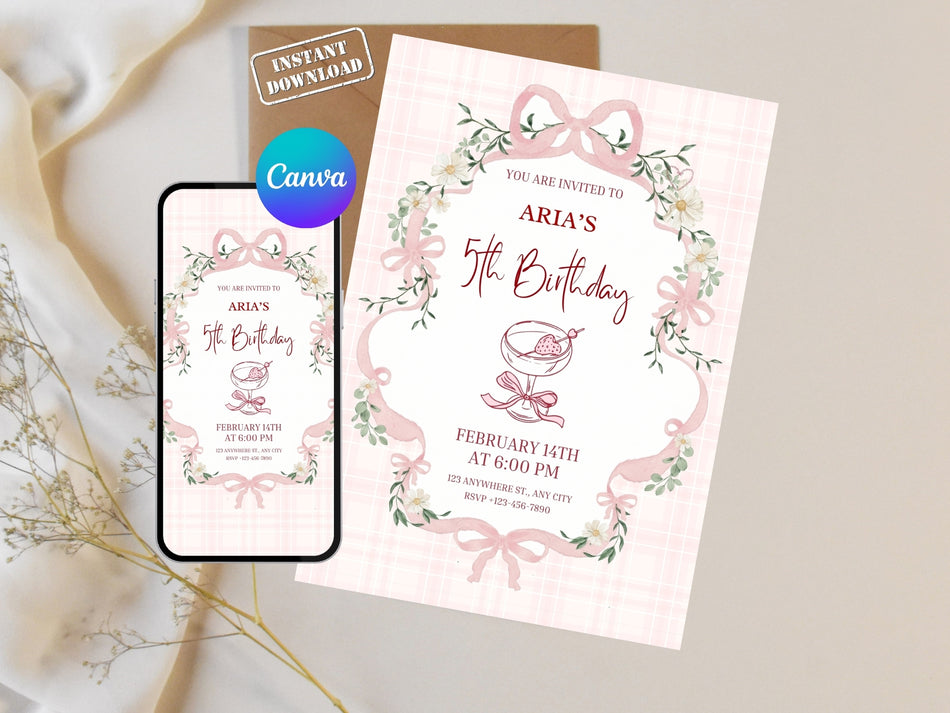 Pink Bow Birthday Invitation Template, Girl Birthday Invite Canva Editable, Coquette Aesthetic Party Invite, Floral Ribbon Printable Card A 1357