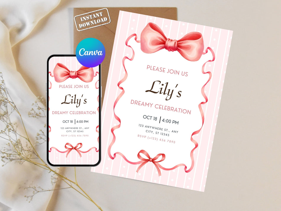 Pink Bow Birthday Invitation Template, Girl Birthday Invite Canva Editable, Coquette Aesthetic Party Invite, Floral Ribbon Printable Card A 1340
