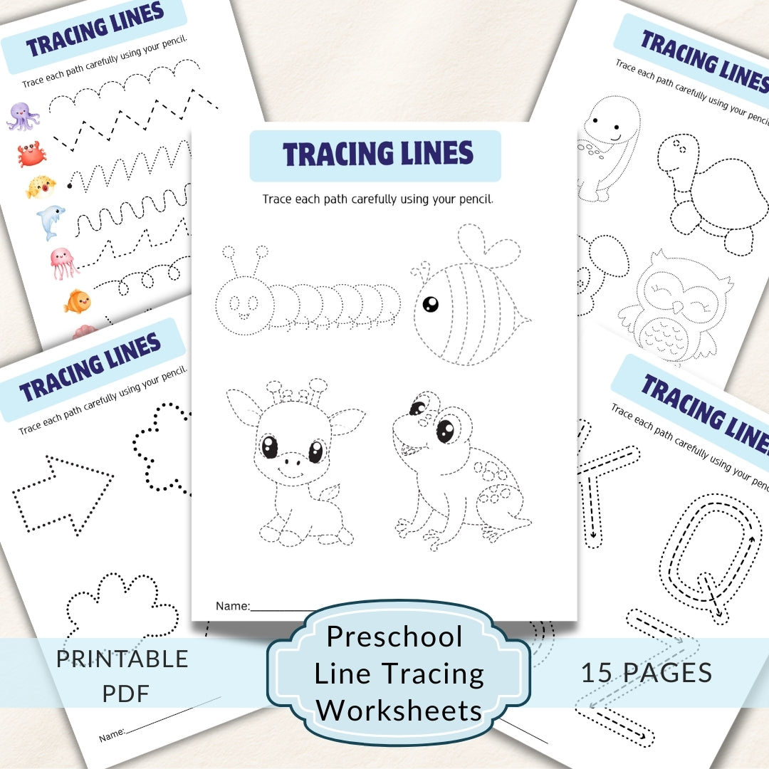 Preschool line tracing worksheets with animals and shapes on a white background.