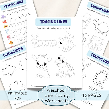 Preschool line tracing worksheets with animals and shapes on a white background.