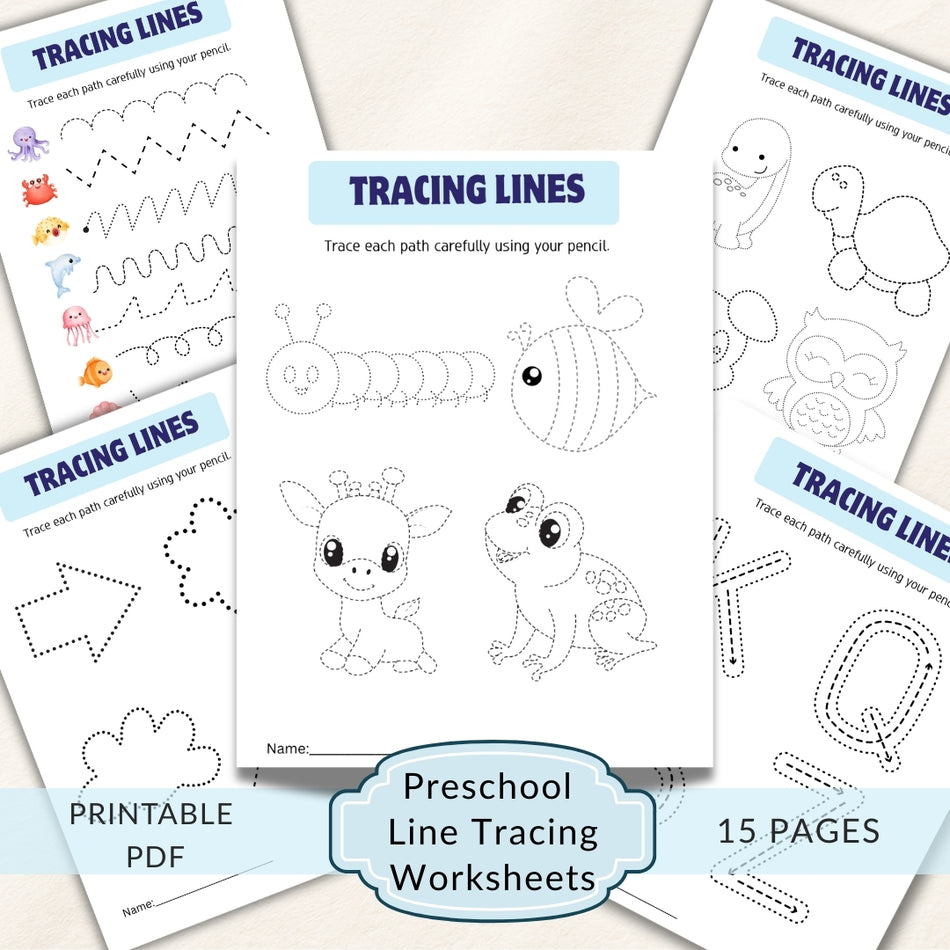 Preschool Line Tracing Worksheets Printable PDF, Toddler Fine Motor Skills Activities, Pre Writing Practice Pages for Kids 15 Pack A 1061