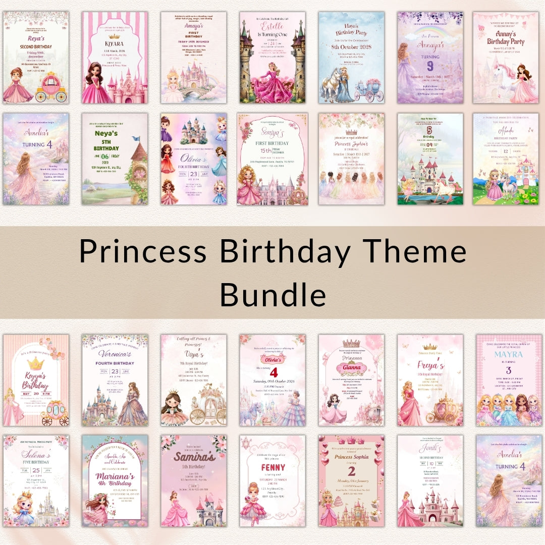 Princess Birthday Invitation Bundle Canva Editable, Girl Birthday Invi ...