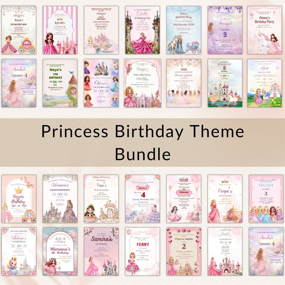 Princess Birthday Invitation Bundle Canva Editable, Girl Birthday Invite Template Bundle, Fairy Tale Party Invitation Set, Instant Download A 1432