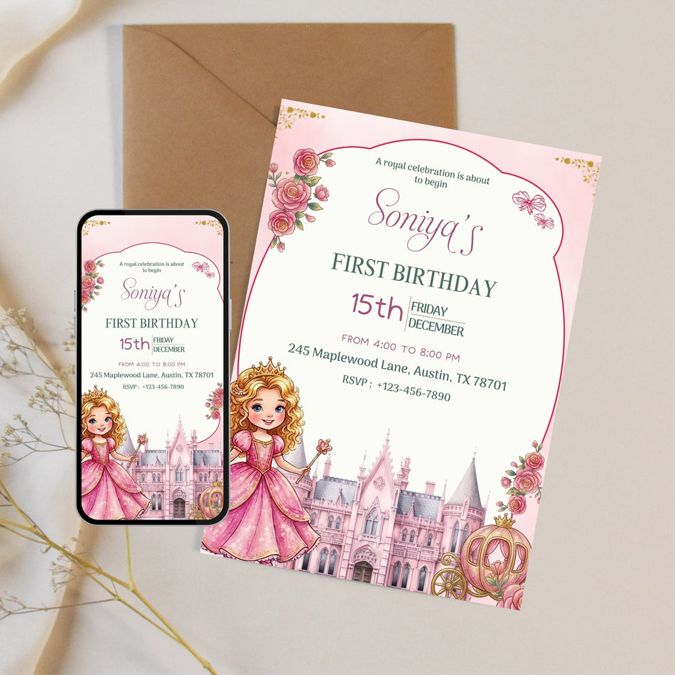 Princess Birthday Invitation, 1st Birthday Party Invite, Editable Baby Shower Invitation, Printable Fairytale Invitation, Royal Birthday A 1182