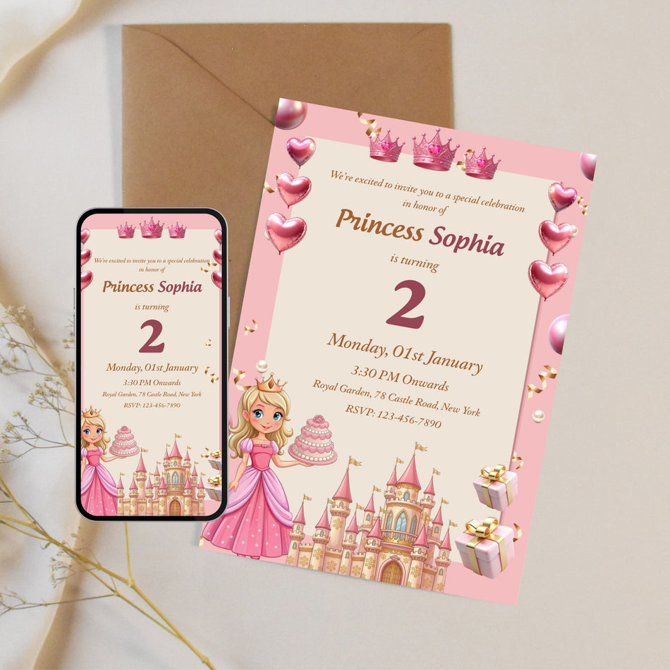 Princess Birthday Invitation, Editable Princess Party Invite, 2nd Birthday Invite, Castle Theme, Digital Download, Royal Celebration A 1201