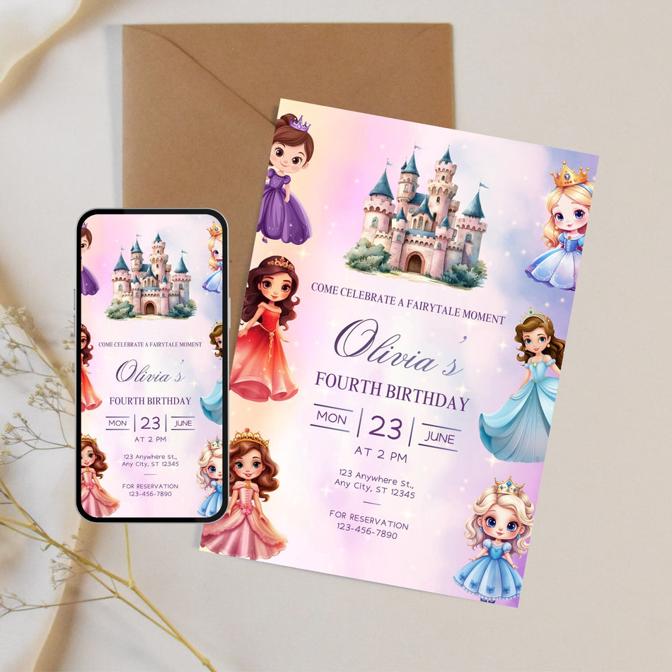 Princess Birthday Invitation, 4th Birthday Party Invite, Editable Fairytale Invitation, Royal Birthday Printable, Kids Birthday Invitation A 1183