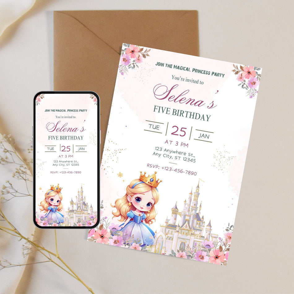 Princess Birthday Invitation, 5th Birthday Invitation, Magical Princess Party Invite, Editable Fairytale Invitation, Castle Birthday Invite A 1184