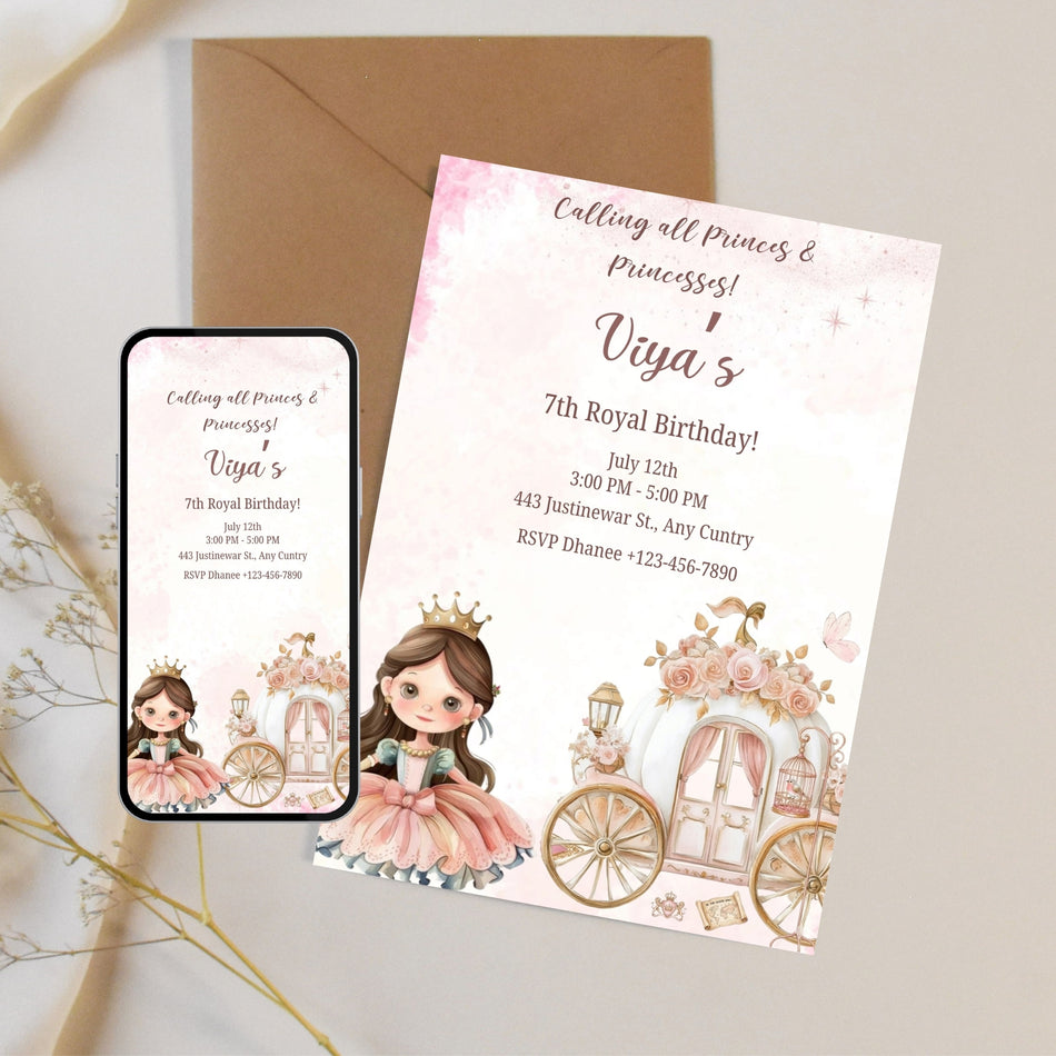 Princess Birthday Invitation, Royal Birthday Party, Editable Invitation, Fairytale Theme, Girl's Birthday, Magical Carriage, Custom Invite A 1188