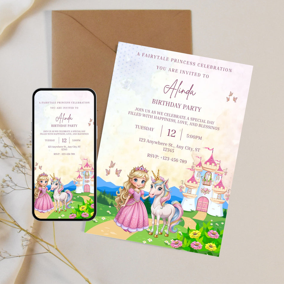 Princess Birthday Invitation, Fairy Tale Party Invite, Girl's Birthday Party, Unicorn Invitation, Princess Party, Editable Birthday Invite A 1191
