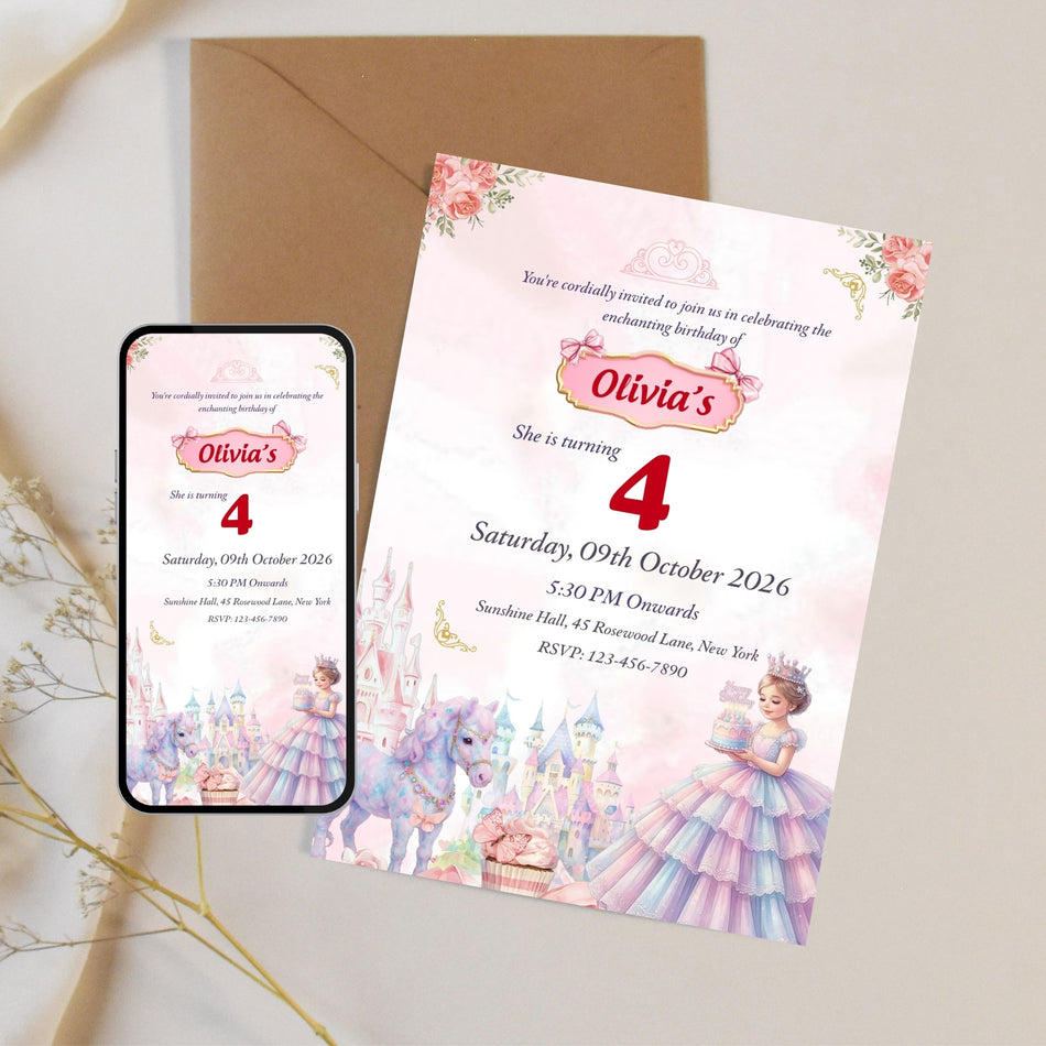 Princess Birthday Invitation, Fairytale Castle Theme, 4th Birthday Invite, Magical Party Invitation, Editable Digital Invitation A 1197