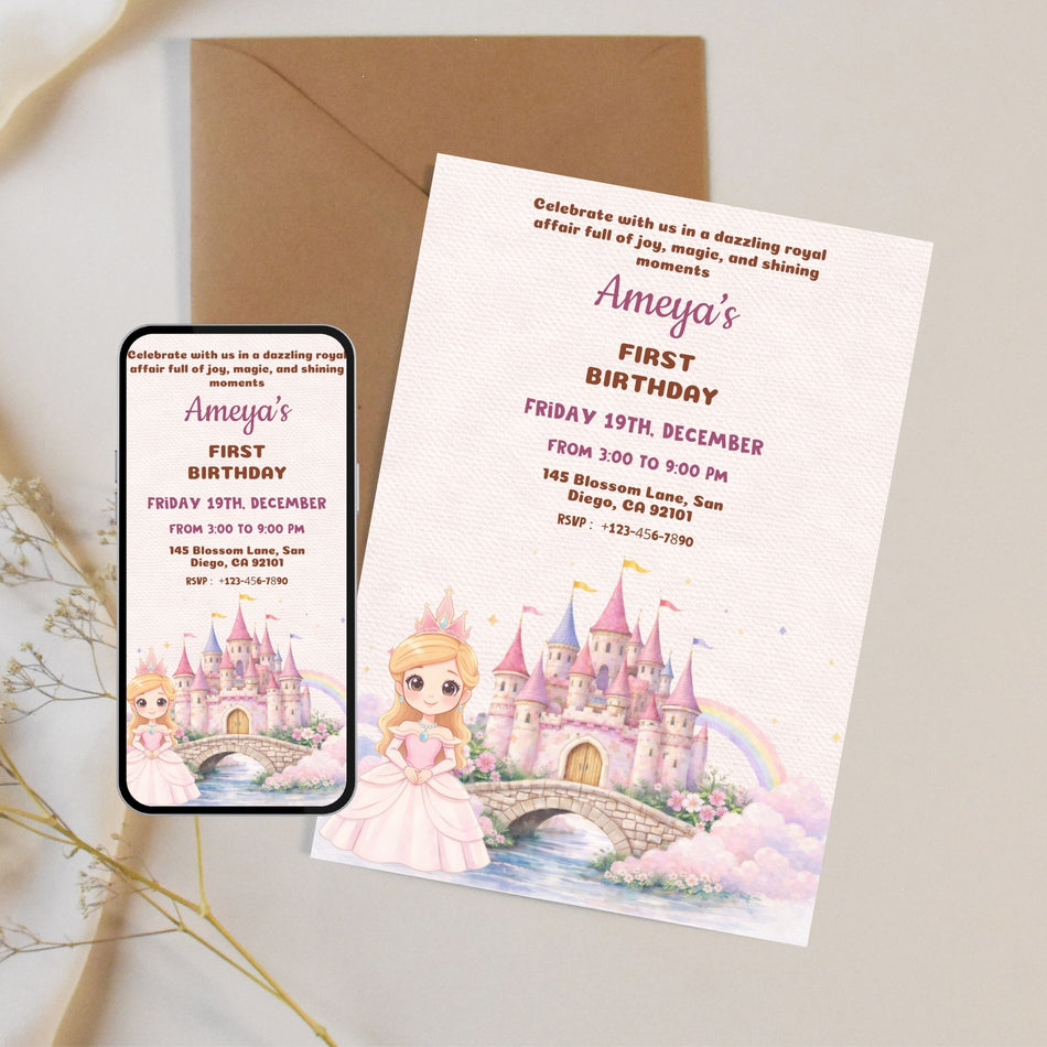 Princess Birthday Invitation, Magical Fairytale Invitation, Editable Party Invitation, 9th Birthday Invite, Royal Celebration Invitation A 1195