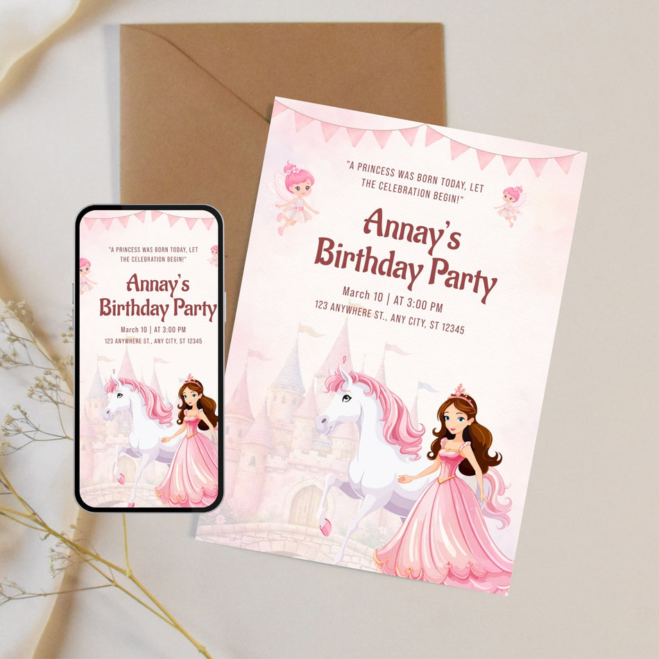 Princess Birthday Invitation, Unicorn Theme Birthday Invite, Party Invite, Editable Birthday Party Invitation, Magical Princess Invite A 1186