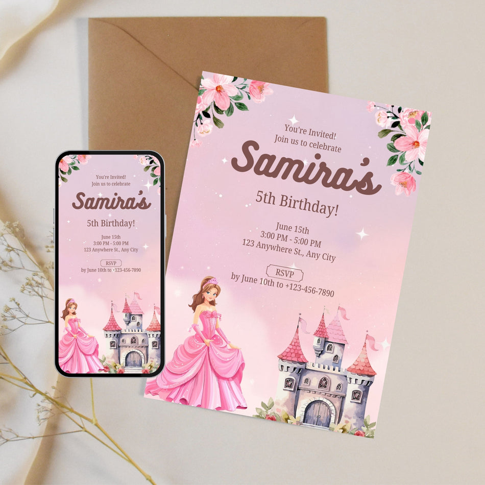 Princess Birthday Invitation, 5th Birthday Invitation, Digital Invitation, Fairytale Birthday Party, Castle Birthday Invite, Canva Editable A 1206