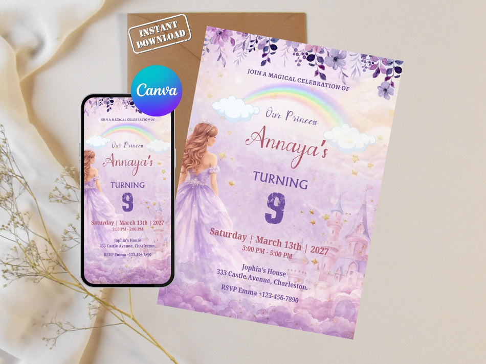 Princess Castle Birthday Invitation, Magical Fairytale Invite, First Birthday Party Invite, Editable Princess Invitation, Digital Download A 1196