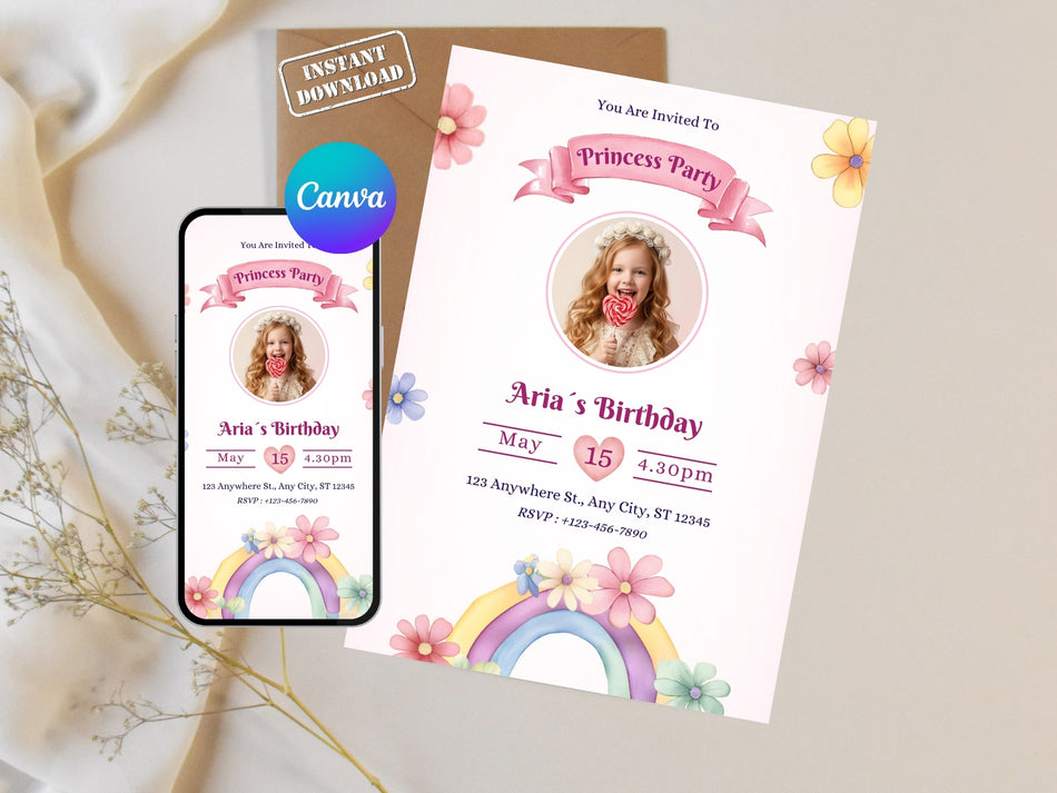 Princess Party Invitation, Digital Birthday Invitation for Girls, Canva Editable Invitation, Instant Download, Customizable Invitation A 1362