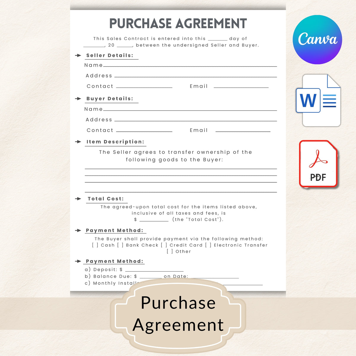 Purchase agreement form with Canva logo and file format icons on a beige background
