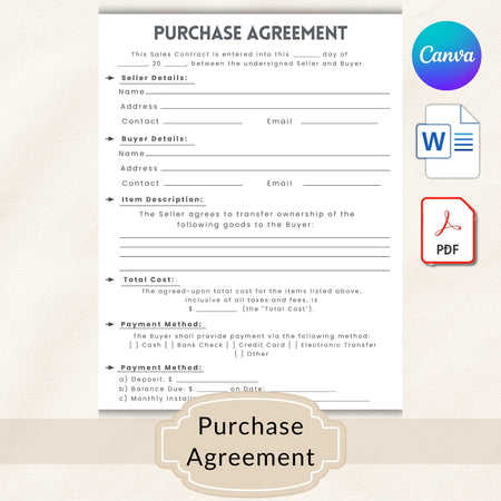 Purchase agreement form with Canva logo and file format icons on a beige background