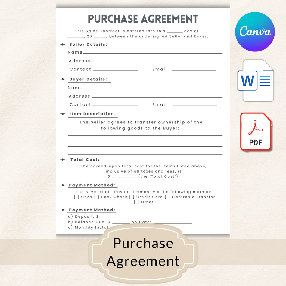 Purchase Agreement Template Editable, Sales Contract Template, Printable Business Contract, Canva Word PDF Legal Form Instant Download A 1064
